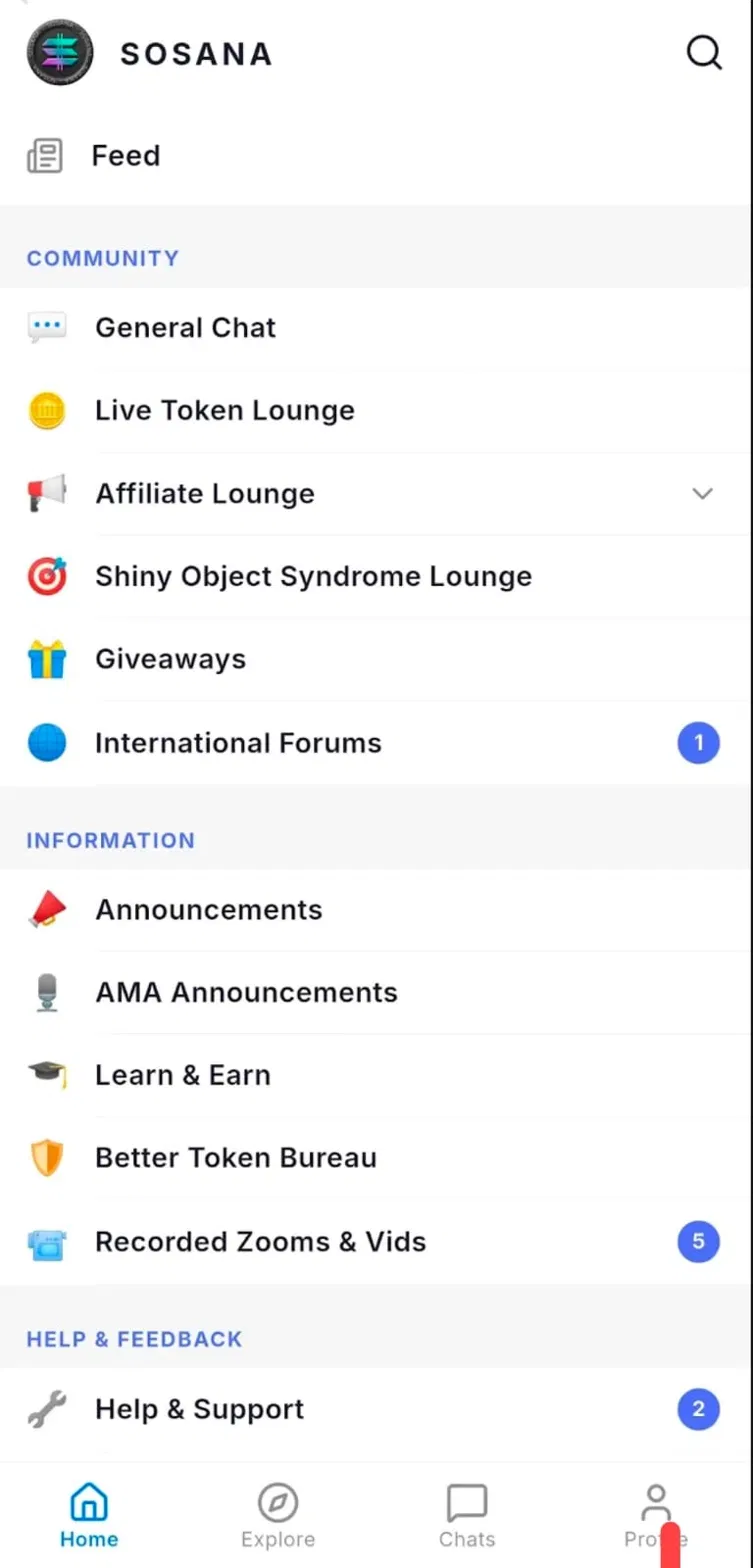 A screenshot of the SOSANA Community app